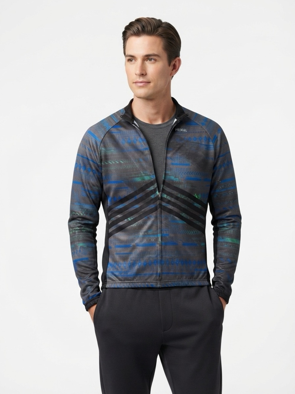 Primal Full Zip Cycling Jersey Abstract Pattern Blue Black Long Sleeve Size L